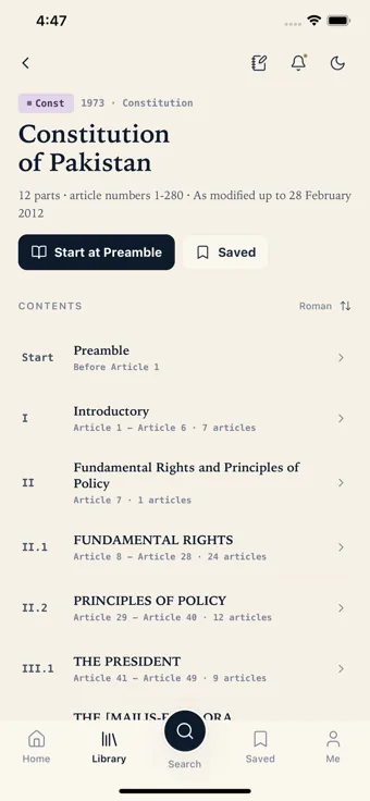 Statute contents screen listing parts of the Constitution of Pakistan