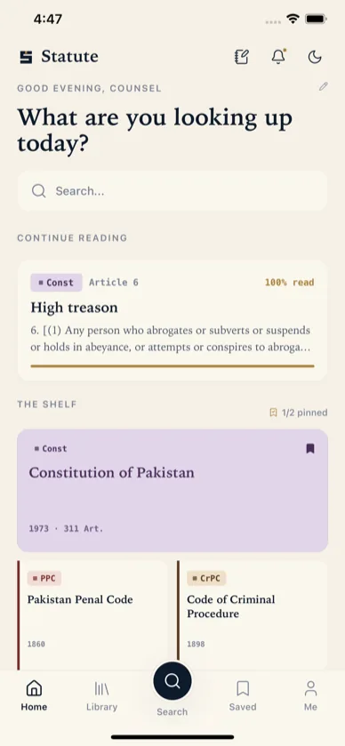Statute home screen with continue reading and saved legal codes