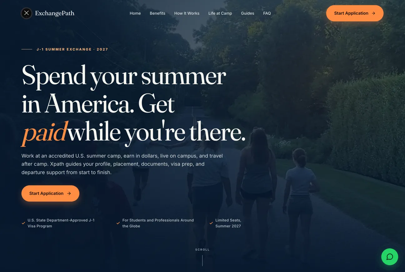 The xpath.info home page: a full-width photograph under the headline “Spend your summer in America. Get paid while you’re there.”, with site navigation and a Start Application button