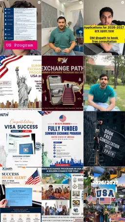 Recent posts on the xpath.pk Instagram account: program graphics, visa updates and short videos about the J-1 summer exchange